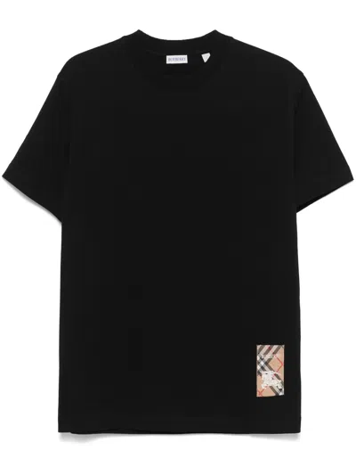 BURBERRY BURBERRY BLACK COTTON BLEND CHECK-LOGO PATCH T-SHIRTS POLOS