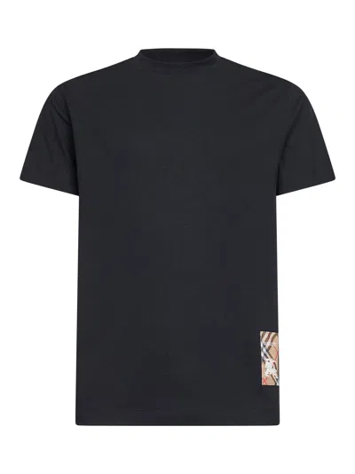 BURBERRY BLACK COTTON CHECK PATCH T-SHIRT