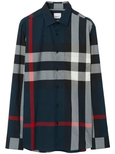 Burberry Black Cotton Check Shirt In Blue