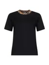 Burberry Black Crewneck T-shirt With Ckeck Motif On The Collar In Cotton Woman