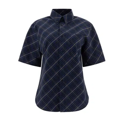 Burberry Black Cotton Short-sleeve Button-down Shirt With Plaid Detail In Blue