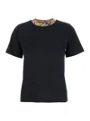Burberry Black Crewneck T-shirt With Ckeck Motif On The Collar In Cotton Woman