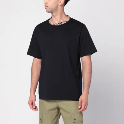 BURBERRY BLACK COTTON T-SHIRT WITH CHECK FINISHES