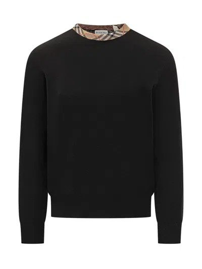 BURBERRY BURBERRY BLACK CREW NECK SWEATER WITH BURBERRY CHECK DETAIL