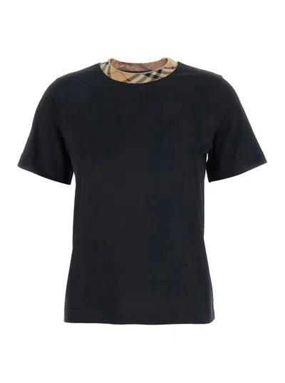 Burberry Black Crewneck T-shirt With Ckeck Motif On The Collar In Cotton Woman
