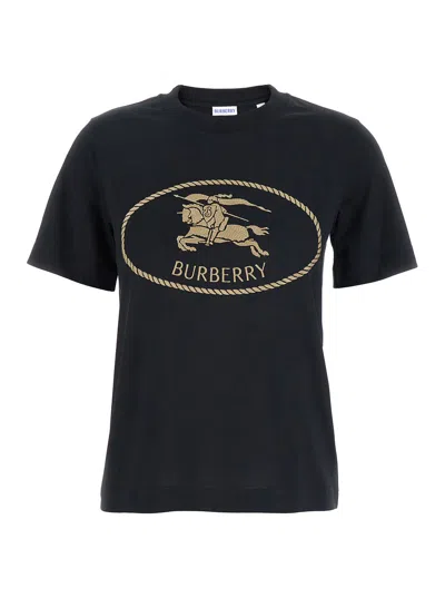 Burberry Black Crewneck T-shirt With Logo Embroidery On The Front In Cotton Woman