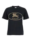 Burberry Black Crewneck T-shirt With Logo Embroidery On The Front In Cotton Woman