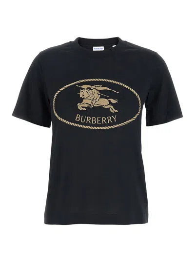 Burberry Black Crewneck T-shirt With Logo Embroidery On The Front In Cotton Woman
