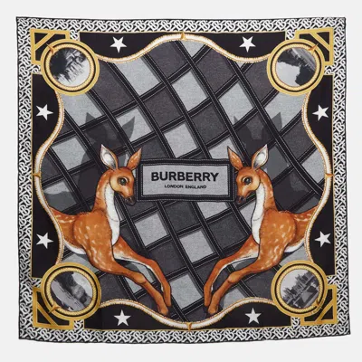 Pre-owned Burberry Black Deer Print Silk Square Scarf