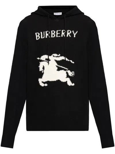Burberry Black Drawstring Hood Intarsia Knit Sweater