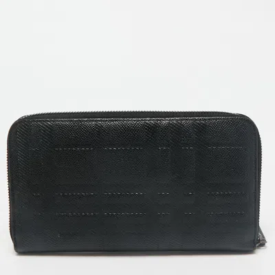 Pre-owned Burberry Black Embossed Check Leather Zip Continental Wallet