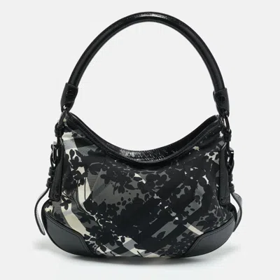 Pre-owned Burberry Black Floral Beatcheck Nylon And Patent Leather Small Foley Hobo
