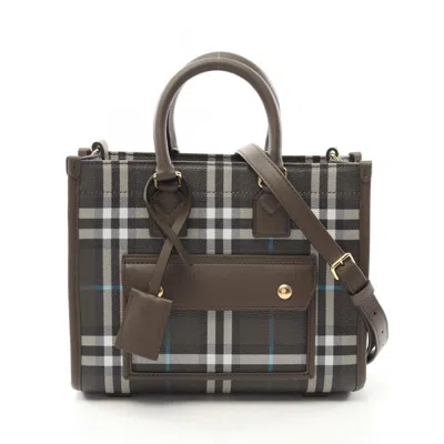Pre-owned Burberry Black Green White Pvc Coated Canvas Leather Tote Bag ()
