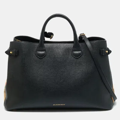 Pre-owned Burberry Black Leather And House Check Fabric Large Banner Tote
