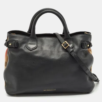 Pre-owned Burberry Black Leather And House Check Fabric Medium Banner Tote