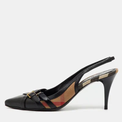 Pre-owned Burberry Black Leather And Nova Check Canvas Buckle Slingback Pumps Size 38