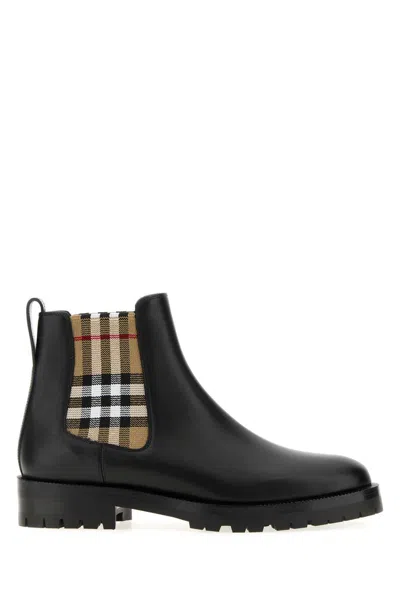 Burberry Black Leather Ankle Boots In Multi