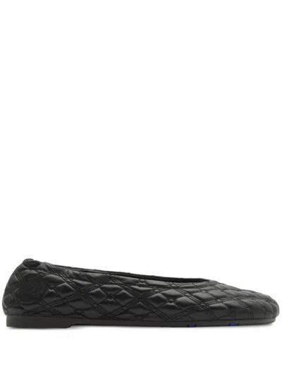 BURBERRY BLACK LEATHER BALLET FLATS WITH QUILTED EQUESTRIAN KNIGHT MOTIF EMBROIDERED LOGO