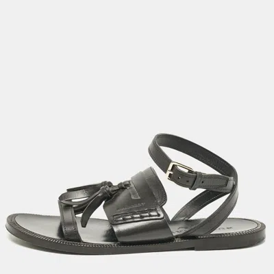 Pre-owned Burberry Black Leather Bethany Ankle Strap Flat Sandals Size 38