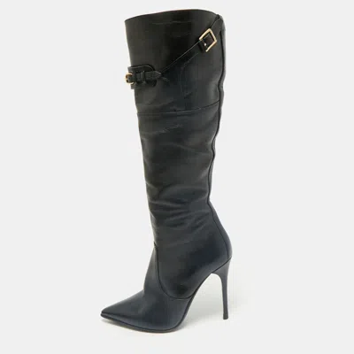 Pre-owned Burberry Black Leather Buckle Pointed Toe Knee Length Boots Size 38