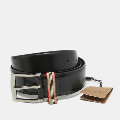 Pre-owned Burberry Black Leather Grey Buckle Belt 85cm