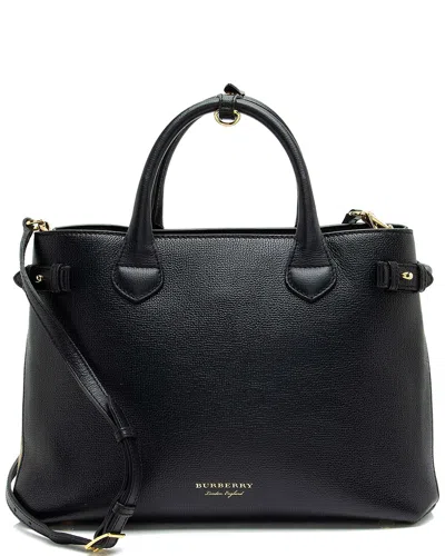 BURBERRY BURBERRY BLACK LEATHER HOUSE CHECK BANNER MEDIUM TOTE (AUTHENTIC PRE-LOVED)
