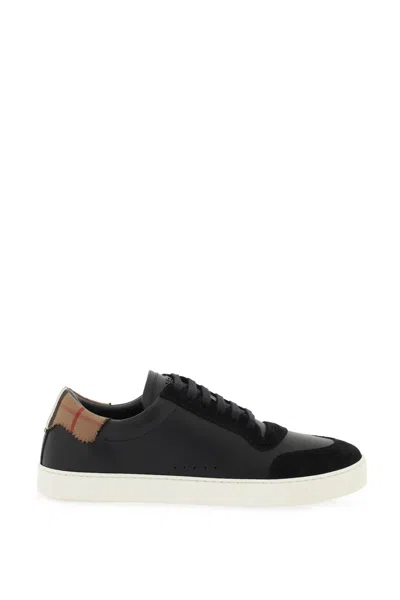 Burberry Black Leather Low-top Sneakers With Vintage Check Pattern For Men