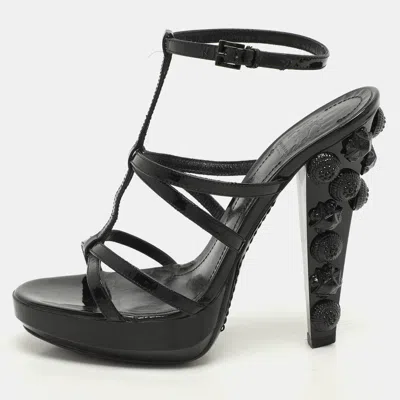Pre-owned Burberry Black Leather Maison Studded Heel Ankle Strap Sandals Size 37