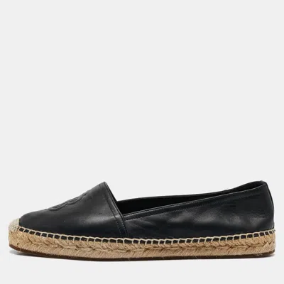 Pre-owned Burberry Black Leather Tabitha Logo Espadrille Flats Size 37