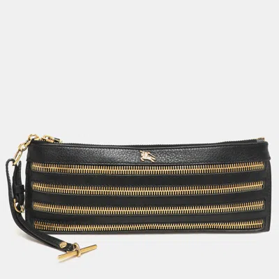 Pre-owned Burberry Black Leather Zip Detail Wristlet Clutch