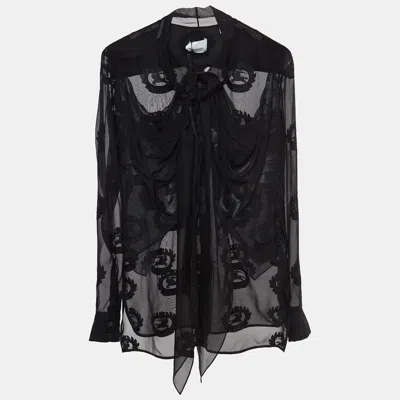 Pre-owned Burberry Black Logo Jacquard Silk Draped Style Sheer Shirt S