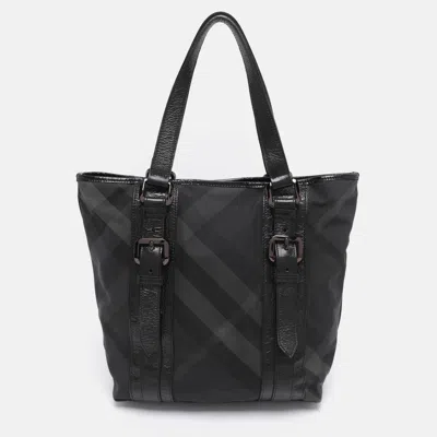 Pre-owned Burberry Black Nova Check Nylon And Patent Leather Small Lowry Tote