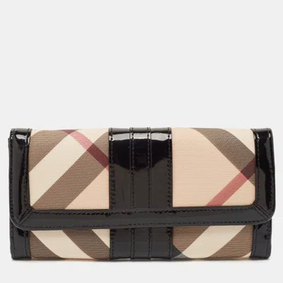 Pre-owned Burberry Black Novacheck Coated Canvas And Patent Leather Penrose Continental Wallet