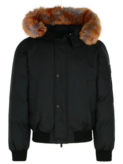 Burberry Faux Fur Trim Hooded Bomber Jacket In Black