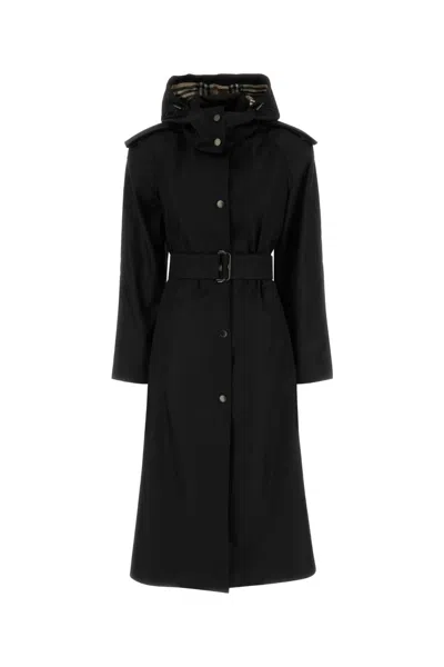 Burberry Women Long Nylon Car Coat With Hood In Black