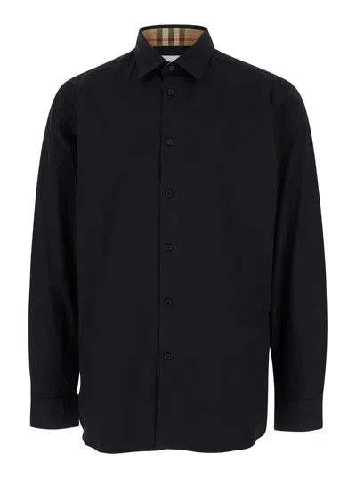 Burberry Black Oversized Shirt With Classic Collar In Stretch Cotton Man In Multicolor