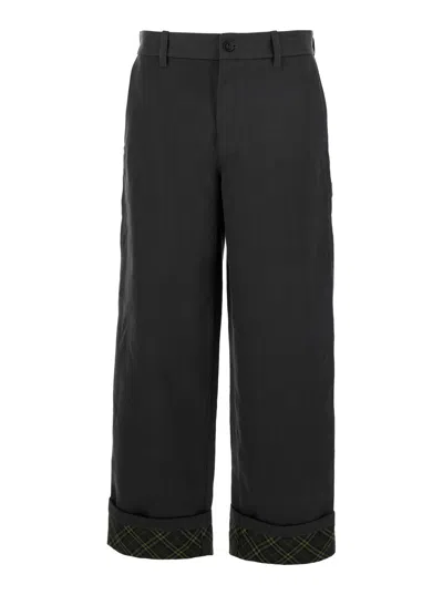 Burberry Black Pants With Logo Embroidery On The Side And Turn-up Checked Hem In Cotton Man In Multicolor