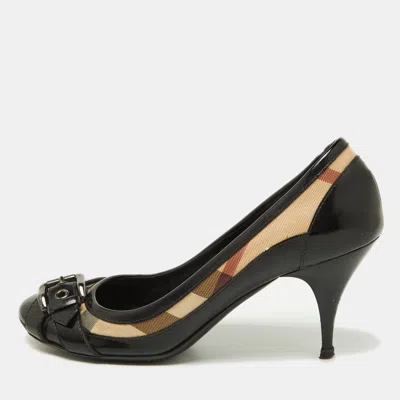 Pre-owned Burberry Black Patent Leather And Nova Check Canvas Buckle Detail Pumps Size 39
