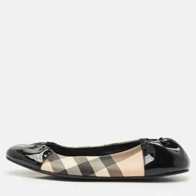 Pre-owned Burberry Black Patent Leather And Nova Check Canvas Scrunch Ballet Flats Size 38