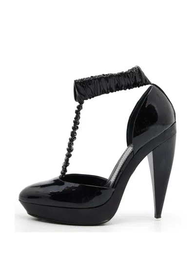 Pre-owned Burberry Black Patent Leather Pleated T Strap Pumps