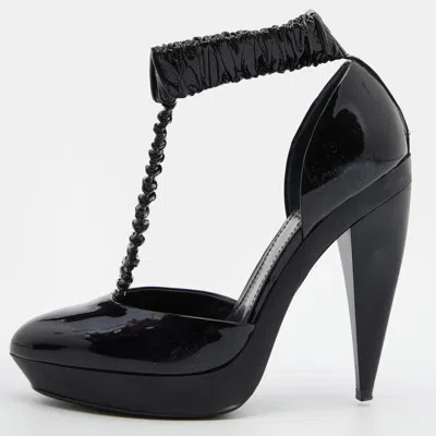 Pre-owned Burberry Black Patent Leather Pleated T Strap Pumps Size 39