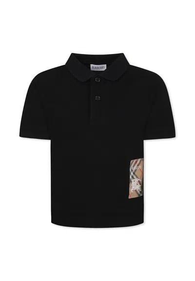 Burberry Kids' Black Polo Shirt For Boy With Equestrian Knight