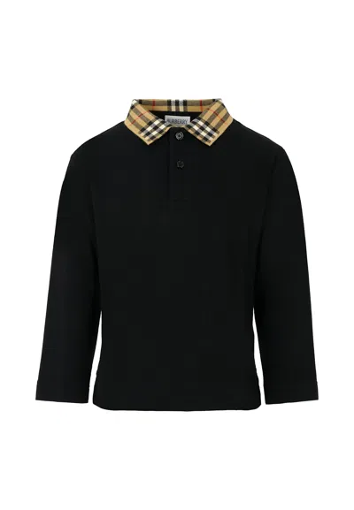 Burberry Kids' Black Polo Shirt For Boy With Vintage Check