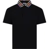 BURBERRY BLACK POLO SHIRT FOR BOY WITH VINTAGE CHECK ON THE COLLAR