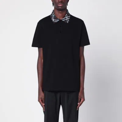 BURBERRY BLACK POLO SHIRT WITH CHECK COLLAR