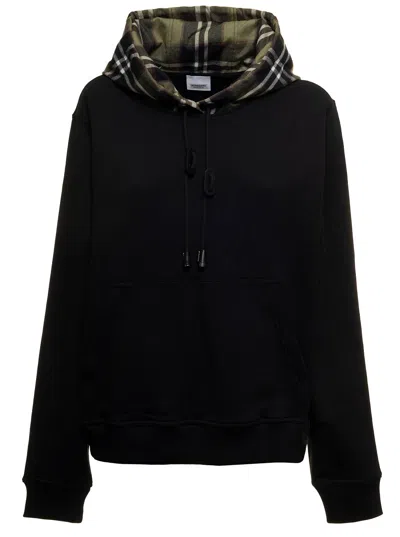 Burberry Black Poulter Cotton Hoodie With Vintage Check Print Woman In Nero