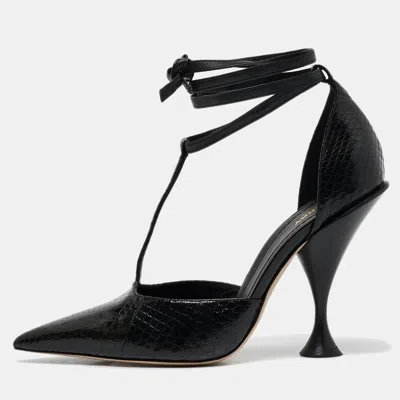 Pre-owned Burberry Black Python Embossed And Leather Welton T Strap Pumps Size 40