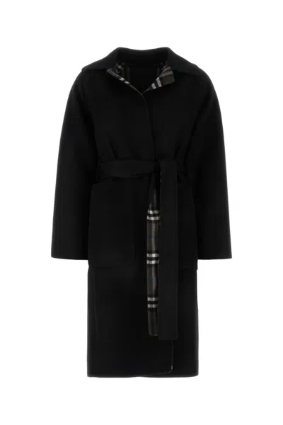 BURBERRY BLACK REVERSIBLE CHECK WOOL WRAP COAT