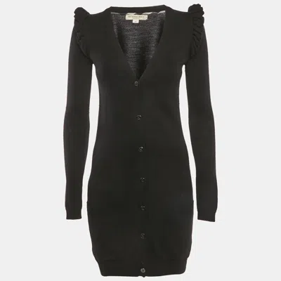 Pre-owned Burberry Black Rib Knit Wool Ruffled Sweater Dress Xs