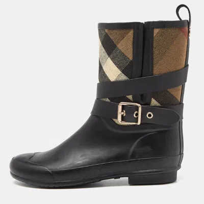 Pre-owned Burberry Black Rubber And House Check Canvas Rain Boots Size 39
